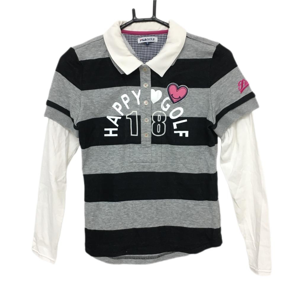 フィラゴルフ 長袖ポロシャツ グレー×黒 ボーダー柄 ハートワッペン 二重襟 重ね着風 レディース M ゴルフウェア FILA GOLF