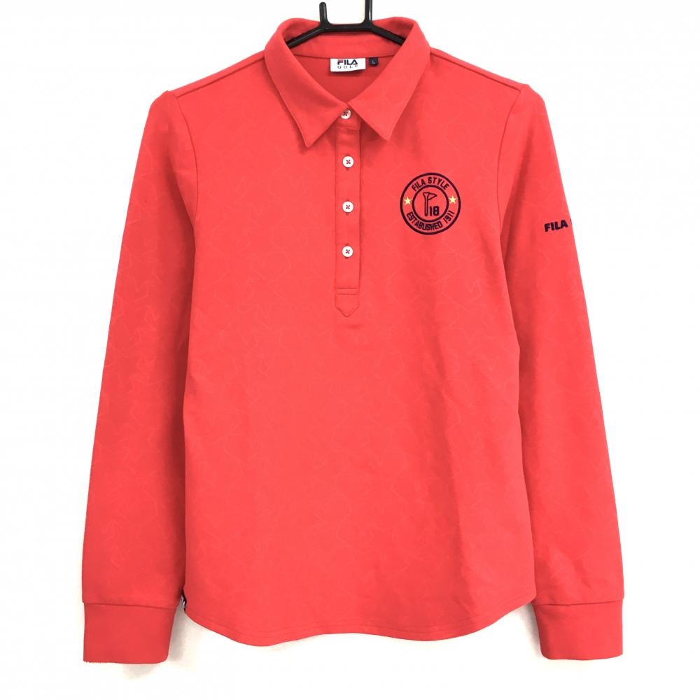 フィラゴルフ 長袖ポロシャツ レッド 星柄地模様 ロゴネイビー 微起毛 レディース L ゴルフウェア FILA GOLF