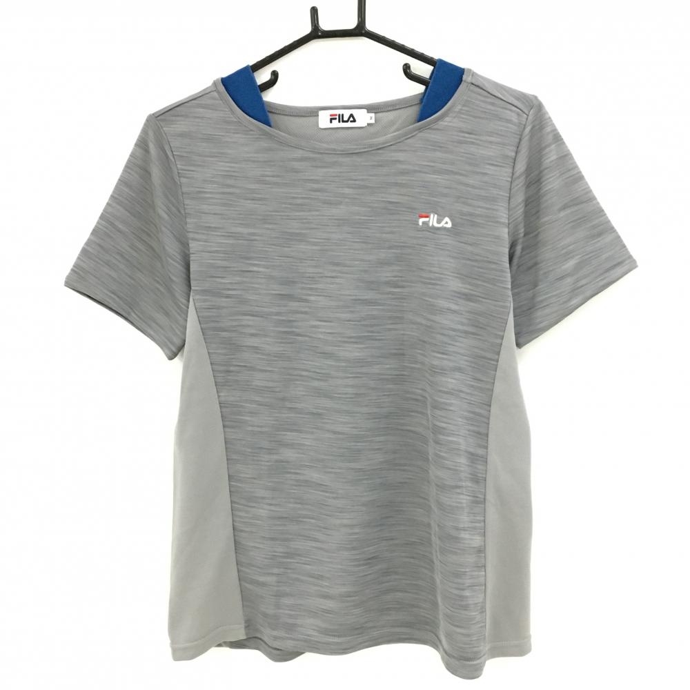 【超美品】フィラゴルフ Tシャツ グレー×ブルー 地模様 ロゴ刺しゅう  レディース M ゴルフウェア FILA GOLF