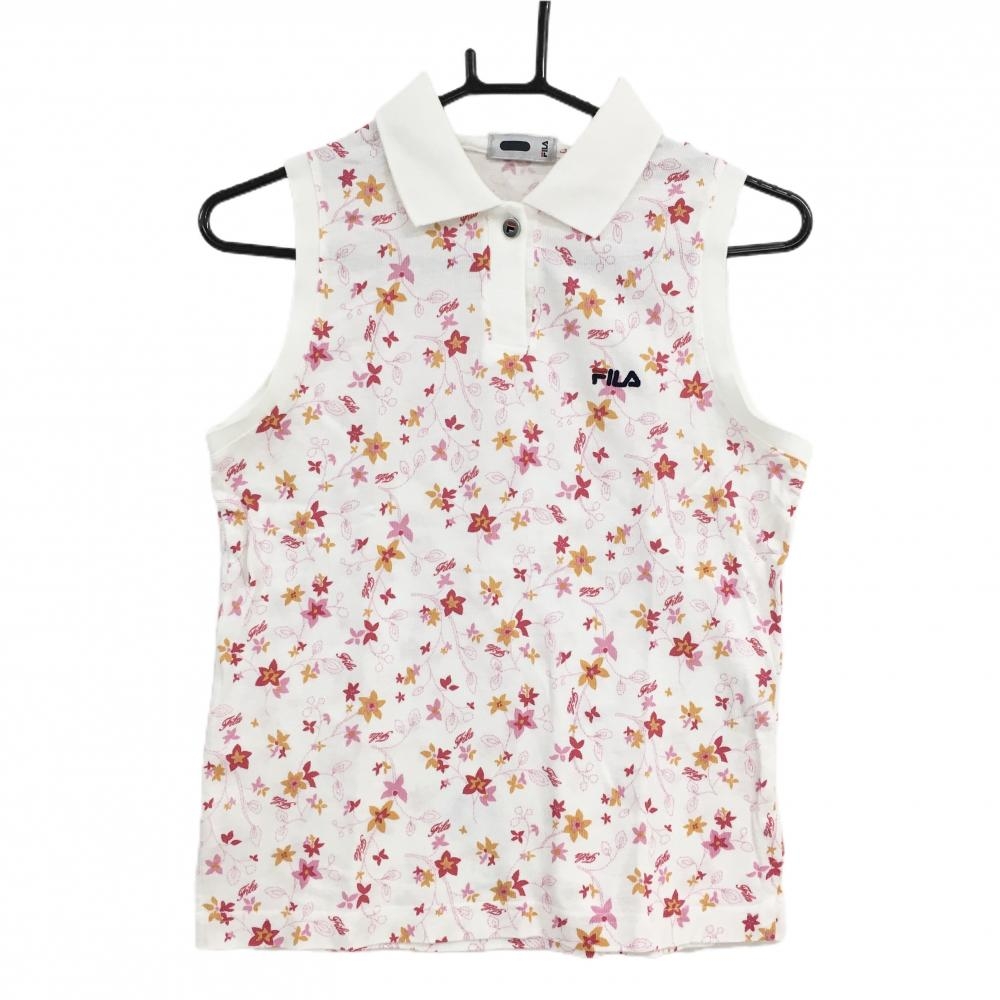 【美品】フィラゴルフ ノースリーブポロシャツ 白×ピンク 花柄 レディース L ゴルフウェア FILA GOLF