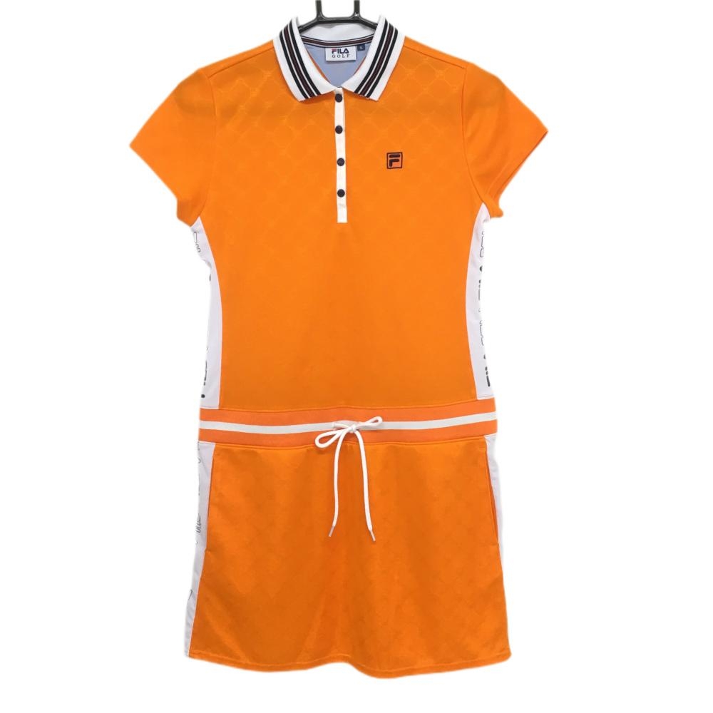 【美品】フィラゴルフ 半袖ポロワンピース オレンジ×白 地模様 スナップボタン  レディース M ゴルフウェア FILA GOLF
