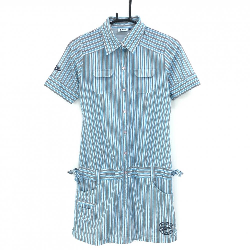 【超美品】フィラゴルフ 半袖ポロワンピース ライトブルー×グレー ストライプ ドット  レディース M ゴルフウェア FILA GOLF