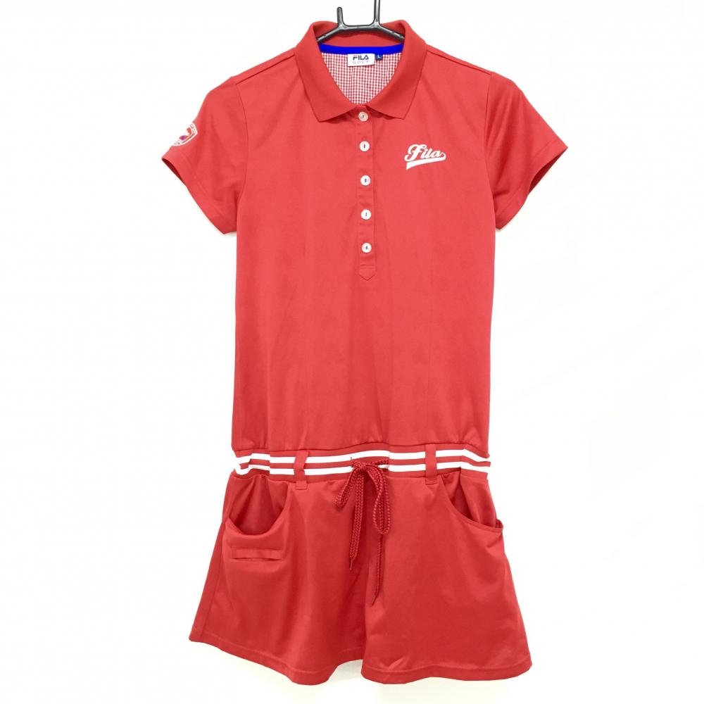 【超美品】フィラゴルフ 半袖ポロワンピース レッド×白 ハート地模様 ウエスト調節紐 レディース Ｌ ゴルフウェア FILA GOLF