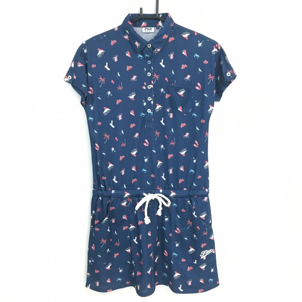 【美品】フィラゴルフ 半袖ポロワンピース ネイビー×ピンク 総柄 夏 ウエストゴム レディース M ゴルフウェア FILA GOLF
