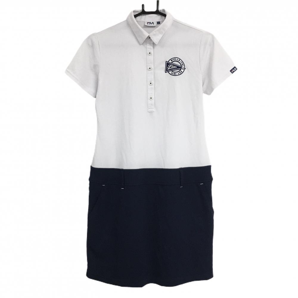 フィラゴルフ 半袖ポロワンピース 白×ネイビー ロゴ刺しゅう  レディース M ゴルフウェア FILA GOLF