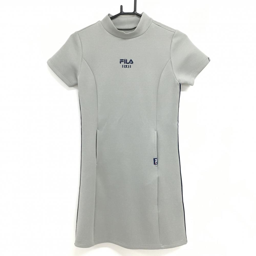 【超美品】フィラゴルフ 半袖ハイネックワンピース グレー ダンボールニット サイドライン レディース S ゴルフウェア FILA GOLF