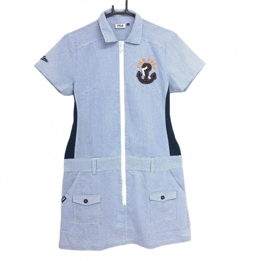 【美品】フィラゴルフ 半袖ポロワンピース ライトブルー×白 ボーダー ハーフジップ レディース L ゴルフウェア FILA GOLF