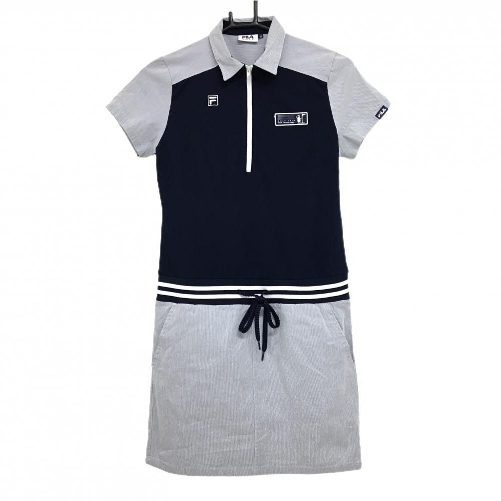 【美品】フィラゴルフ 半袖ポロワンピース ネイビー×グレー ハーフジップ ウエスト調節紐 レディース M ゴルフウェア FILA GOLF