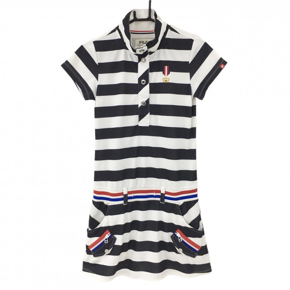 【美品】フィラゴルフ 半袖ハイネックワンピース ダークグレー×白 ボーダー柄 スナップボタン  レディース M ゴルフウェア FILA GOLF