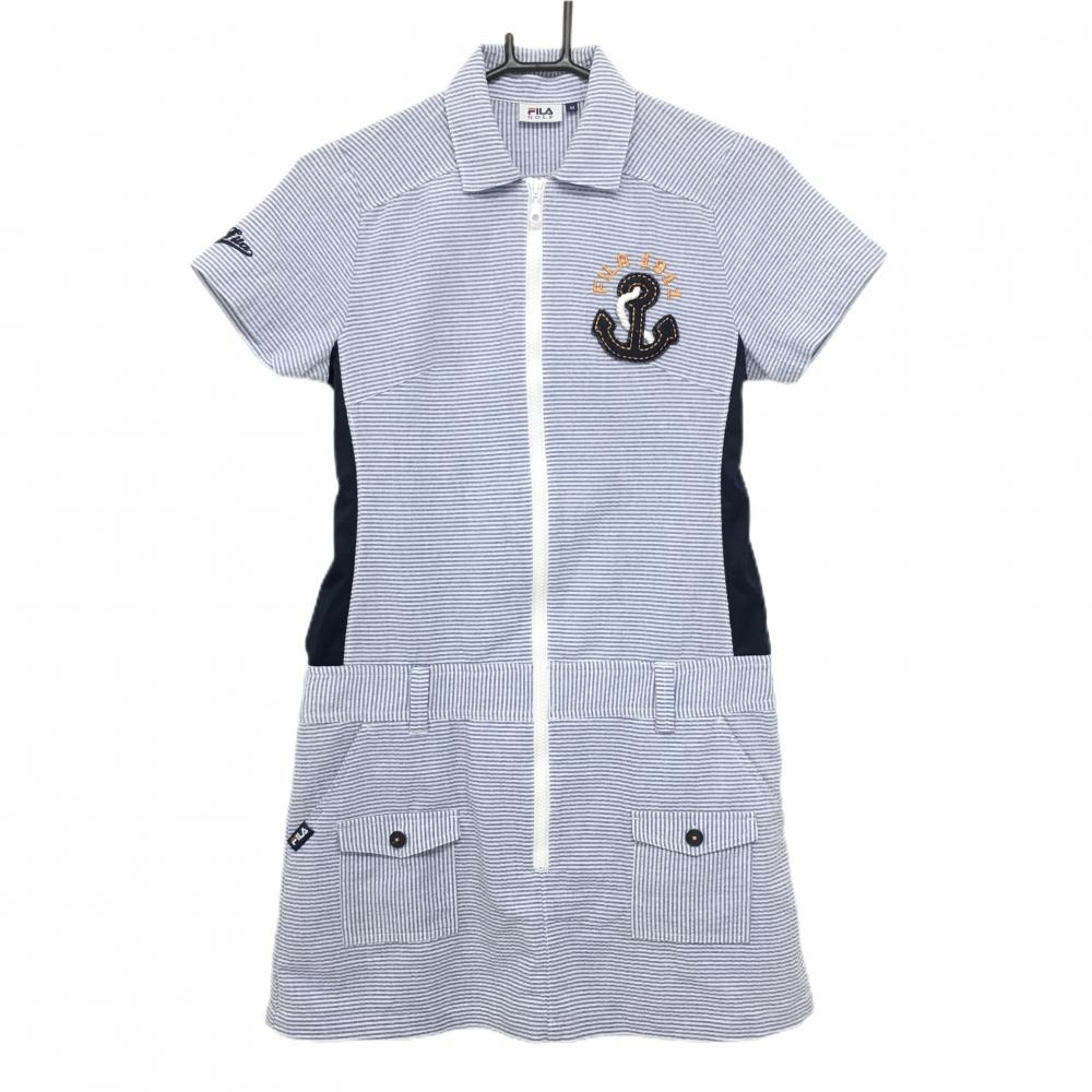 フィラゴルフ 半袖ポロワンピース ブルー×白 ボーダー ハーフジップ レディース M ゴルフウェア FILA GOLF