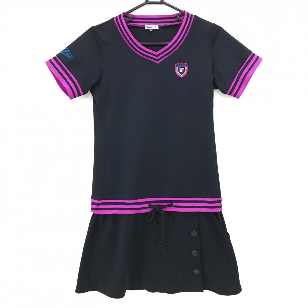 【美品】フィラゴルフ 半袖ワンピース 黒×ピンク リブボーダー Vネック レディース M ゴルフウェア FILA GOLF