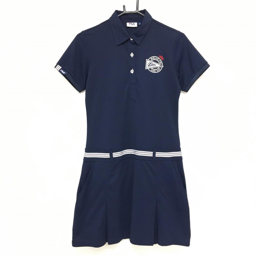 【美品】フィラゴルフ 半袖ポロワンピース ネイビー×白 ウエスト・前立てライン レディース M ゴルフウェア FILA GOLF