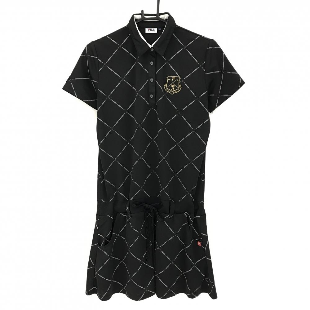 フィラゴルフ 半袖ポロワンピース 黒×白 ダイヤ柄 胸元ワッペン  レディース LL ゴルフウェア FILA GOLF
