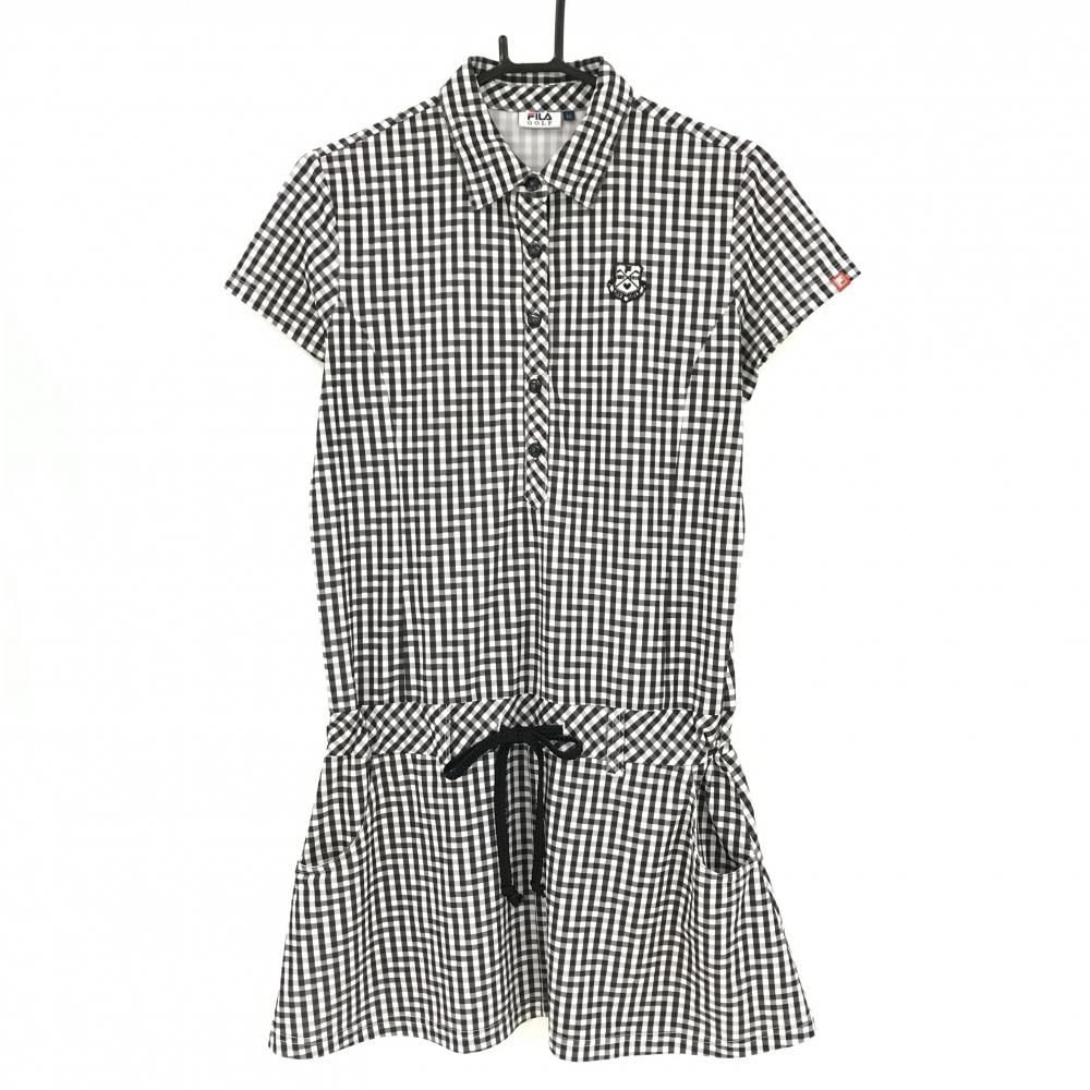 フィラゴルフ 半袖ポロワンピース 白×黒 ギンガムチェック 胸元ワッペン ウエスト紐 レディース LL ゴルフウェア FILA GOLF