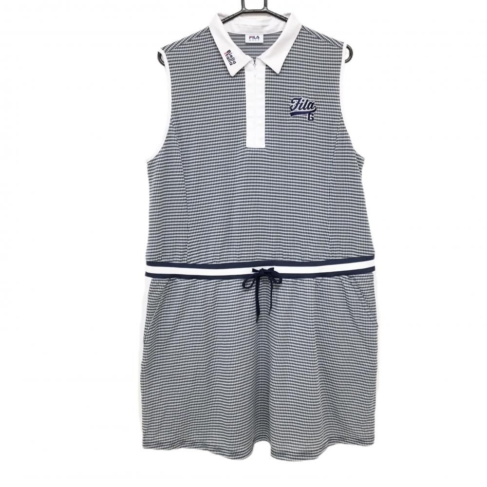 【美品】フィラゴルフ 半袖ポロワンピース 白×ネイビー ギンガムチェック レディース 4L ゴルフウェア 大きいサイズ FILA GOLF