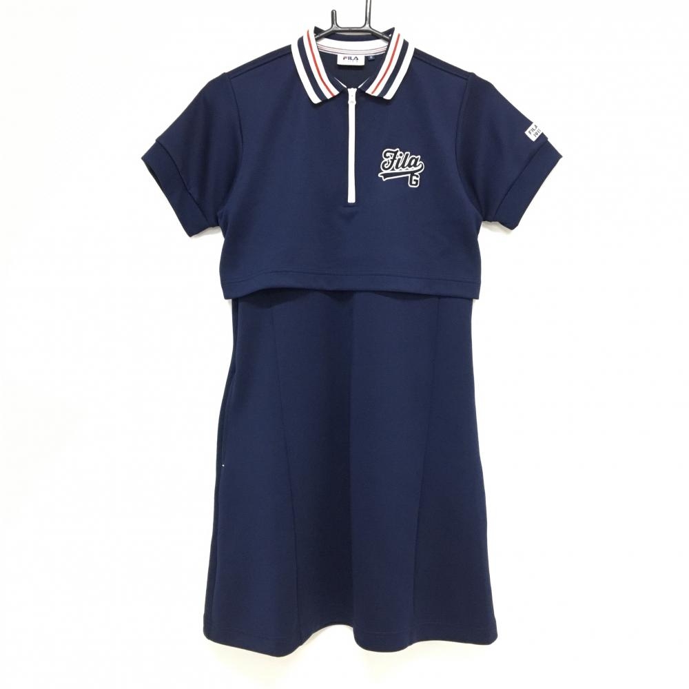 フィラゴルフ 半袖ポロワンピース ネイビー×白 襟ライン ハーフジップ ロゴ刺しゅう レディース M ゴルフウェア FILA GOLF
