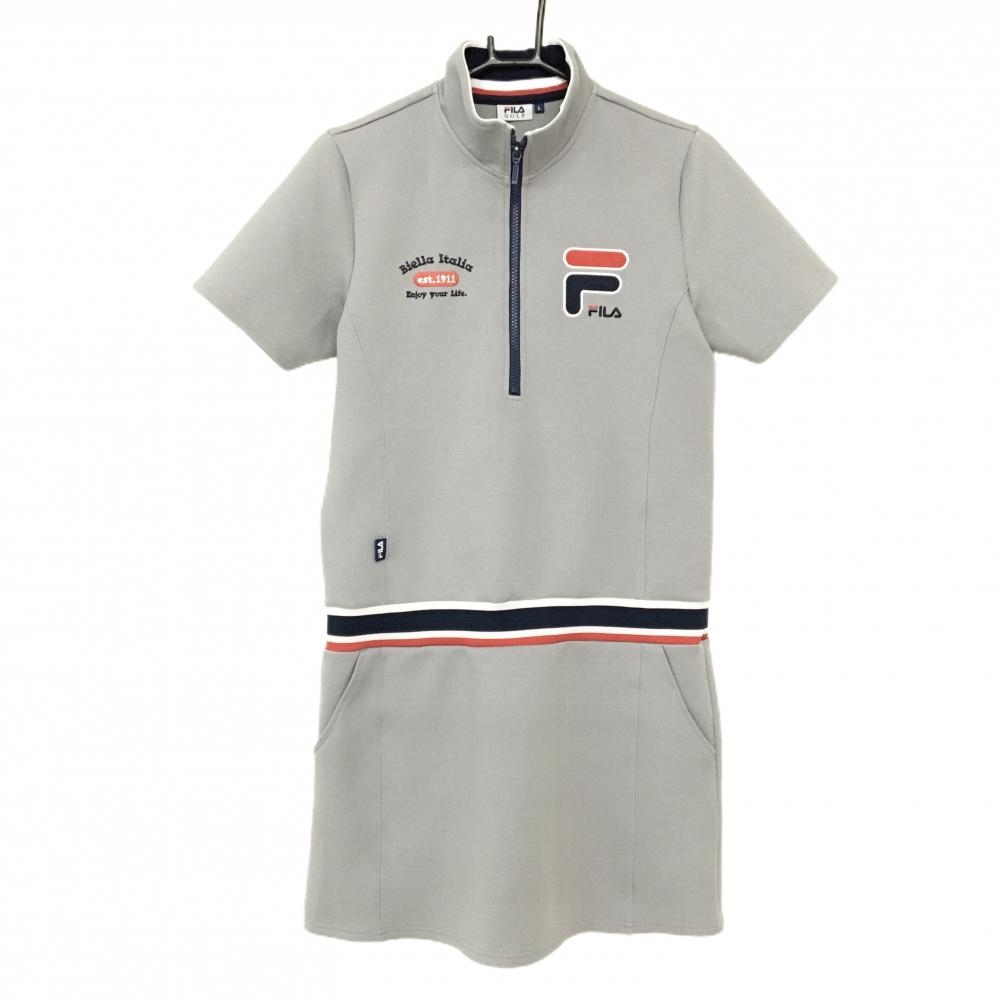 【超美品】フィラゴルフ 半袖ハイネックワンピース グレー ハーフジップ ロゴ レディース L ゴルフウェア FILA GOLF