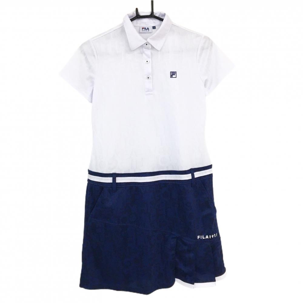 【超美品】フィラゴルフ 半袖ポロワンピース 白×ネイビー 英字地模様 裾一部プリーツ ロゴ刺しゅう レディース M ゴルフウェア FILA GOLF