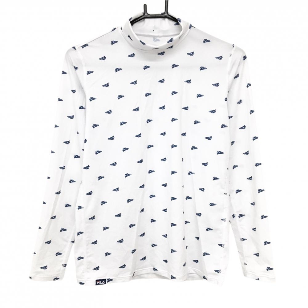 【超美品】フィラゴルフ ハイネックインナーシャツ 白×ネイビー ロゴ総柄 ストレッチ レディース L ゴルフウェア FILA GOLF