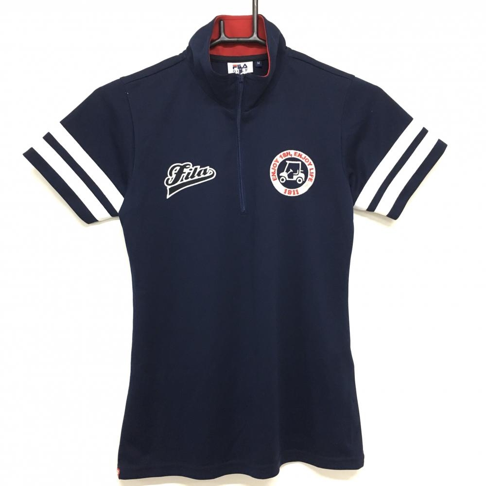 【新品】フィラゴルフ 半袖ハイネックシャツ ネイビー×白 吸汗速乾 UVカット ハーフジップ レディース M ゴルフウェア FILA GOLF