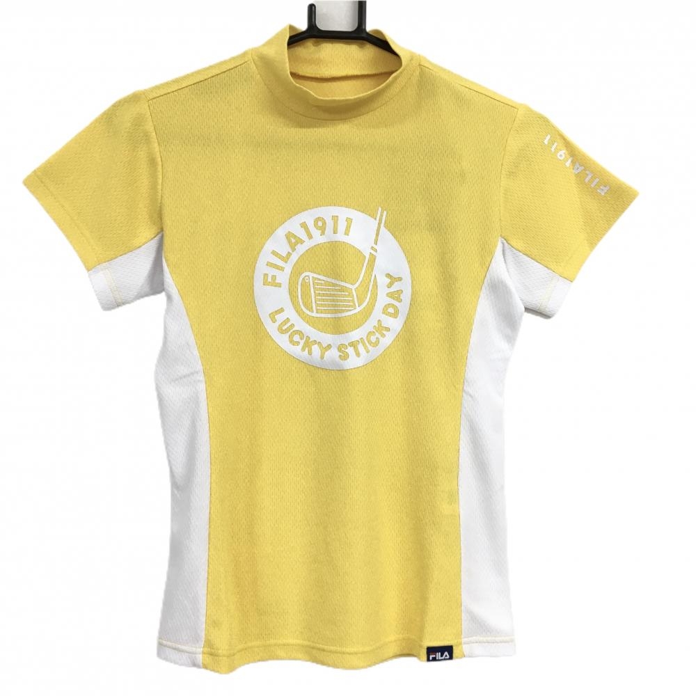 【新品】フィラゴルフ 半袖ハイネックシャツ イエロー×白 バイカラー ビックプリント 遮熱 レディース S ゴルフウェア FILA GOLF