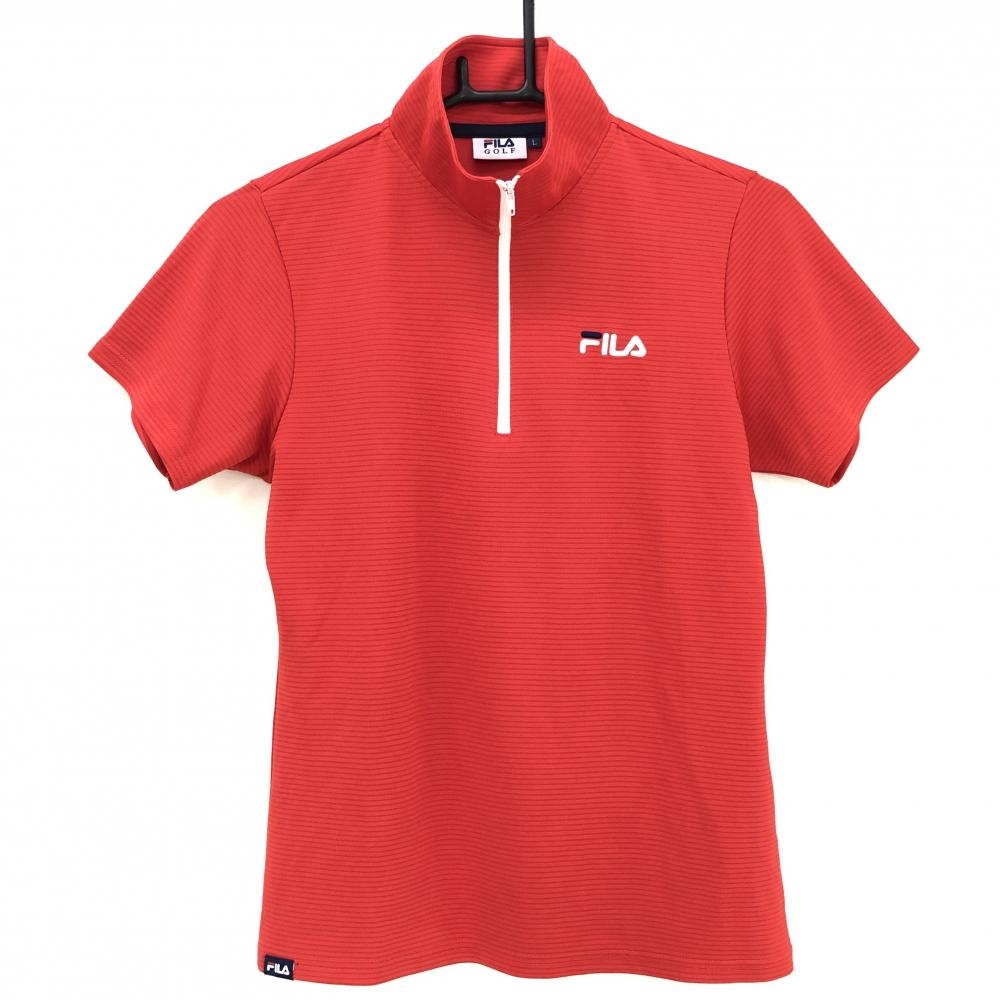 【超美品】フィラゴルフ 半袖ハイネックシャツ レッド ボーダー ハーフジップ 胸元ロゴ レディース L ゴルフウェア FILA GOLF