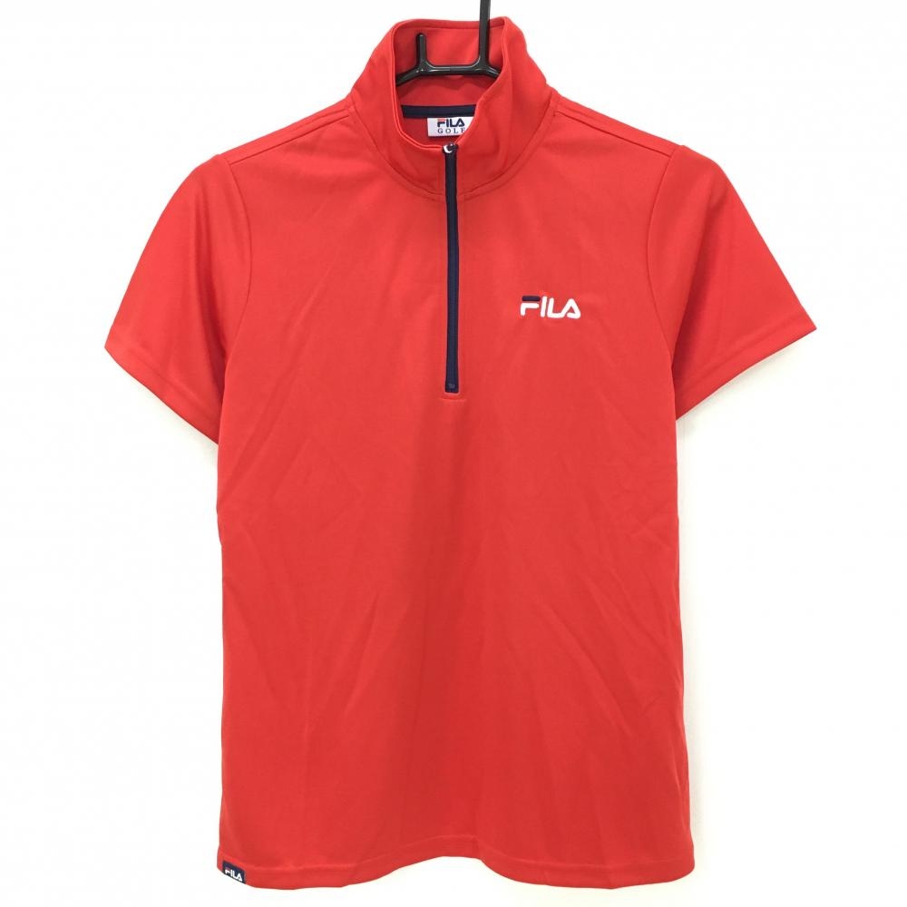 【新品】フィラゴルフ 半袖ハイネックシャツ レッド ハーフジップ ロゴ刺しゅう レディース L ゴルフウェア FILA GOLF