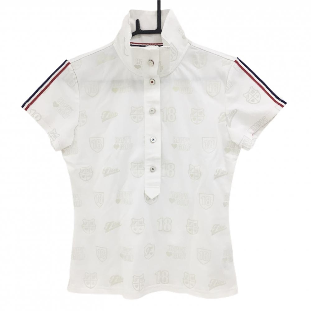 【美品】フィラゴルフ 半袖ハイネックシャツ 白×ベージュ 総柄 ポロシャツ レディース L ゴルフウェア FILA GOLF