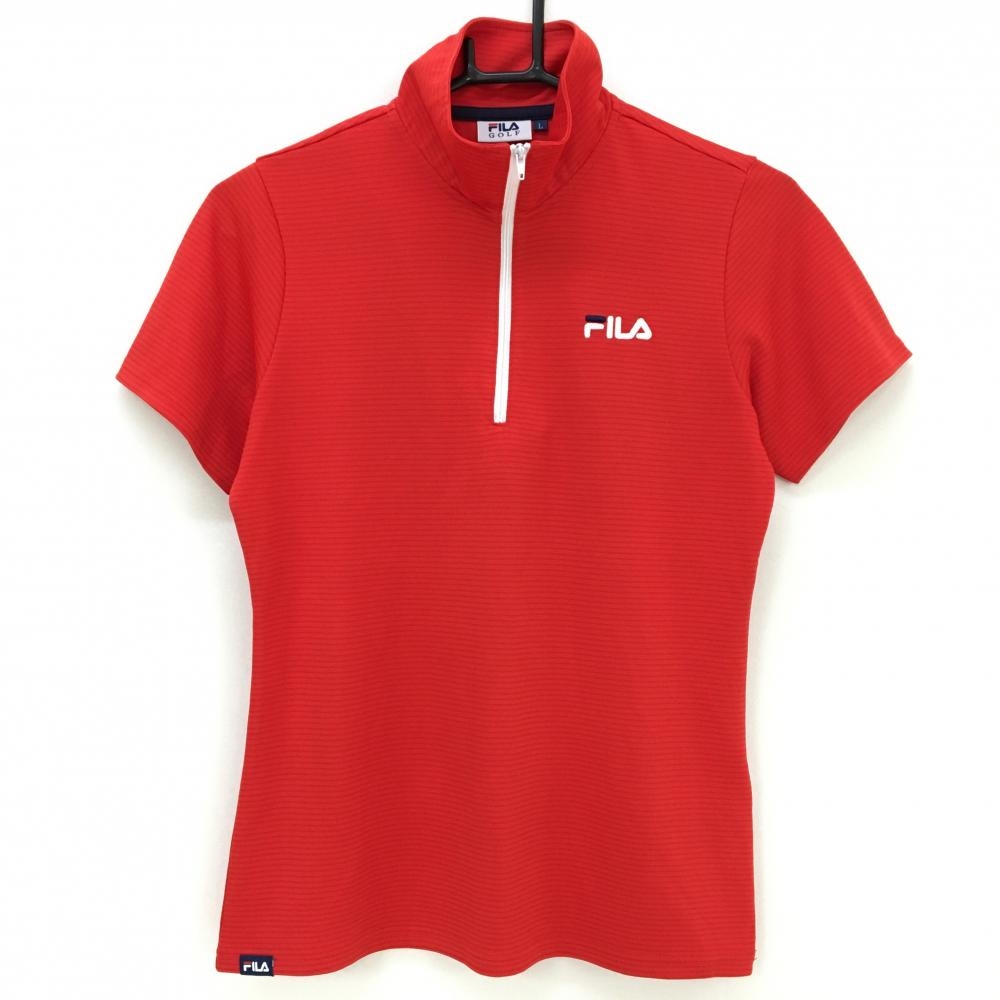 【超美品】フィラゴルフ 半袖ハイネックシャツ レッド ボーダー地模様 ロゴ刺しゅう ハーフジップ レディース L ゴルフウェア FILA GOLF