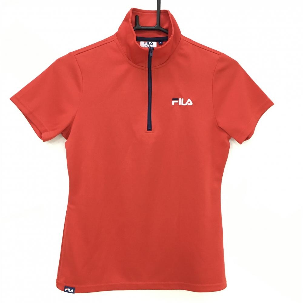 【超美品】フィラゴルフ 半袖ハイネックシャツ レッド×ネイビー ハーフジップ ロゴ刺しゅう レディース M ゴルフウェア FILA GOLF