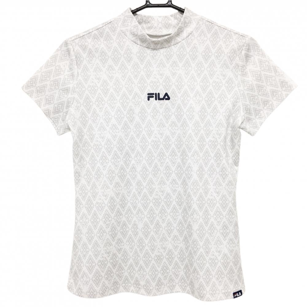 【超美品】フィラゴルフ 半袖ハイネックシャツ 白×グレー ダイヤ柄風  レディース M ゴルフウェア FILA GOLF