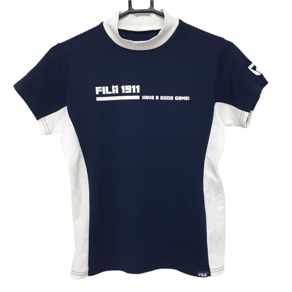 【美品】フィラゴルフ 半袖ハイネックシャツ ネイビー×白 バイカラー  レディース M ゴルフウェア FILA GOLF