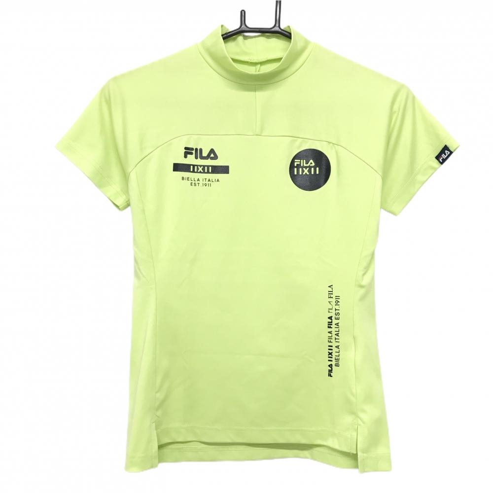 【美品】フィラゴルフ 半袖ハイネックシャツ イエローグリーン×黒 切替 ロゴ  レディース S ゴルフウェア FILA GOLF