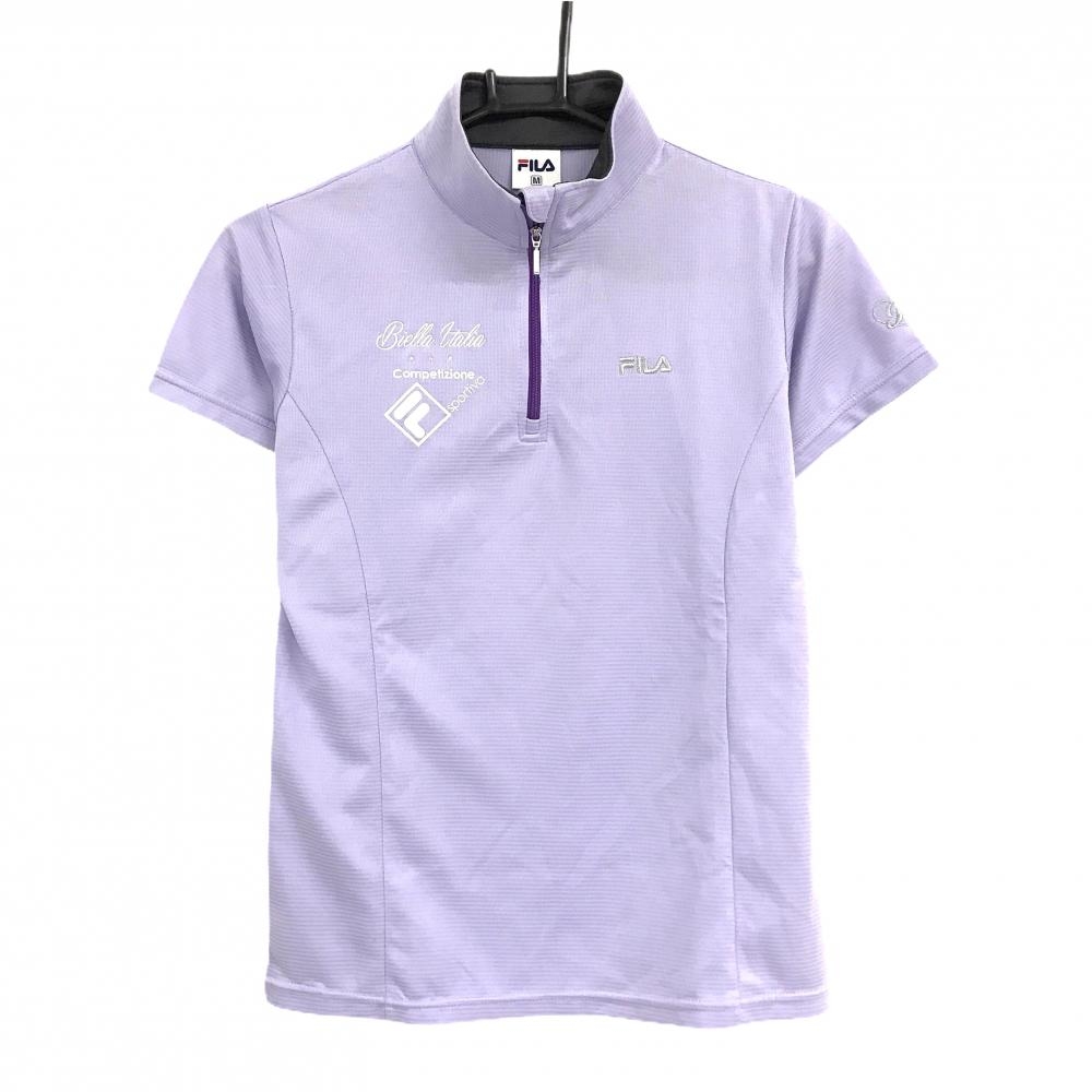 【美品】フィラ 半袖ハイネックシャツ パープル ボーダー地模様 ハーフジップ レディース M ゴルフウェア FILA GOLF