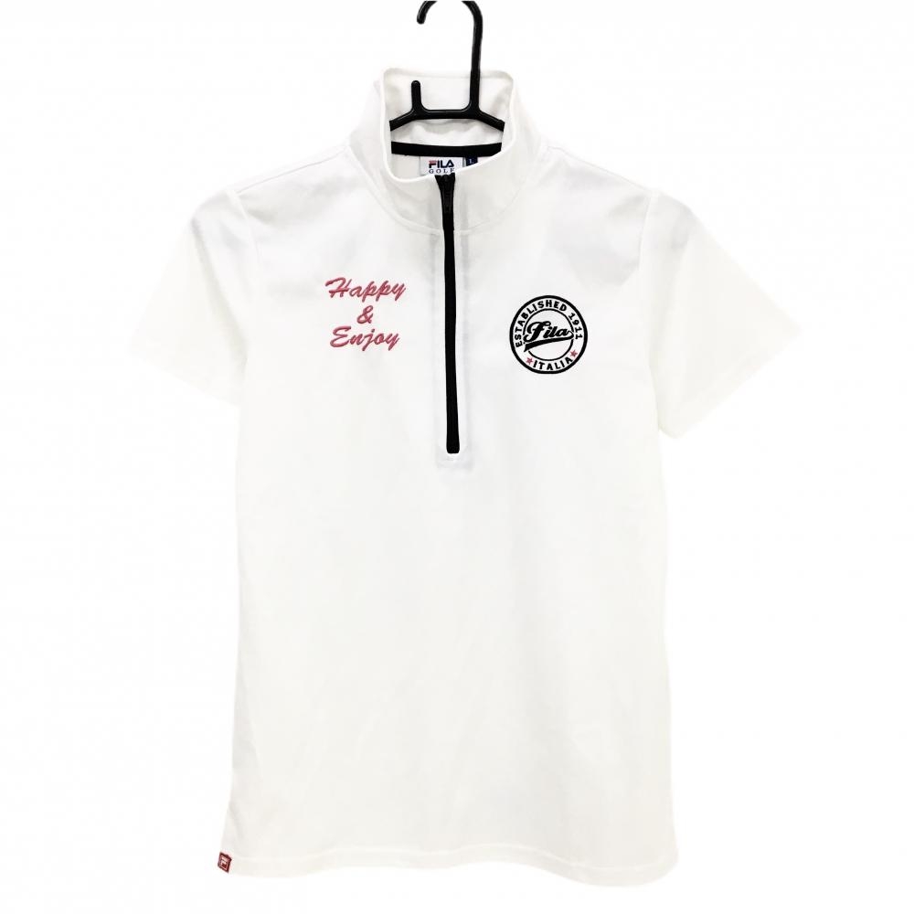 【超美品】フィラゴルフ 半袖ハイネックシャツ 白×黒 ロゴ刺しゅう ハーフジップ  レディース L ゴルフウェア FILA GOLF