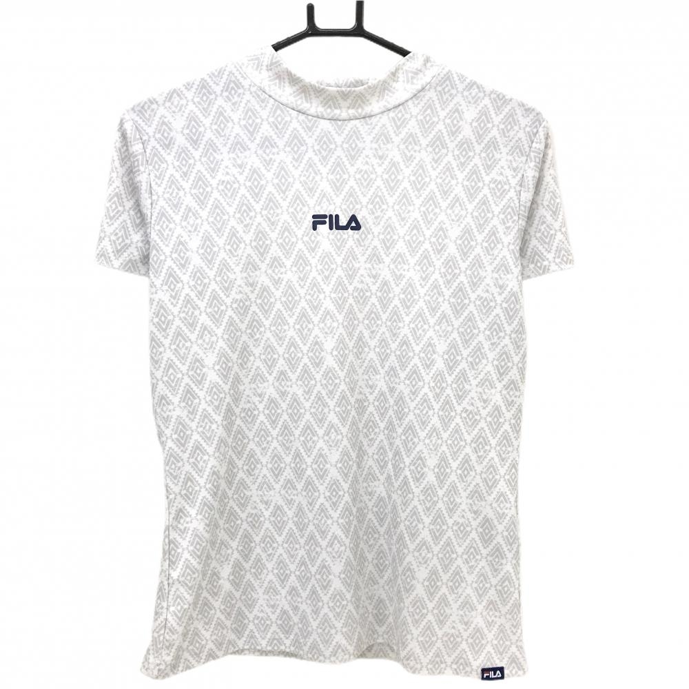 【超美品】フィラゴルフ 半袖ハイネックシャツ 白×ライトグレー ダイヤ風総柄 フロントロゴ レディース L ゴルフウェア FILA GOLF