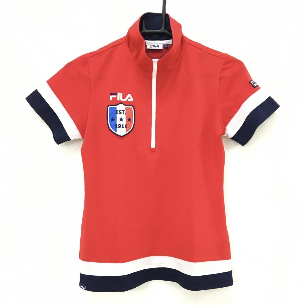【超美品】フィラゴルフ 半袖ハイネックシャツ レッド×ネイビー×白 ハーフジップ 胸ロゴ レディース M ゴルフウェア FILA GOLF