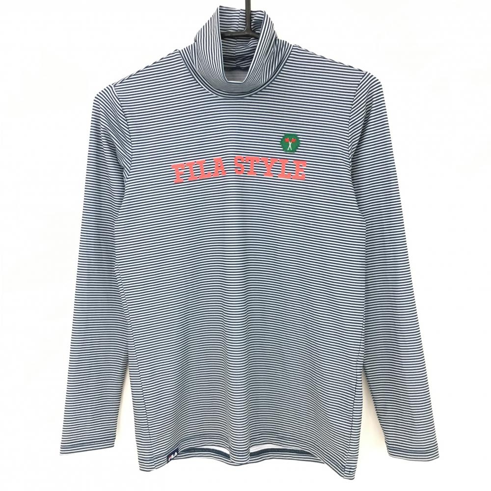【超美品】フィラゴルフ 長袖タートルネックシャツ ネイビー ライトグレー ボーダー柄 胸元プリント レディース M ゴルフウェア FILA GOLF