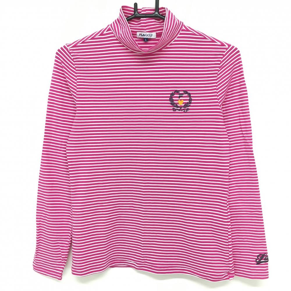 【美品】フィラゴルフ 長袖ハイネックシャツ ピンク×白 ボーダー柄 ロゴ刺しゅう レディース L ゴルフウェア FILA GOLF