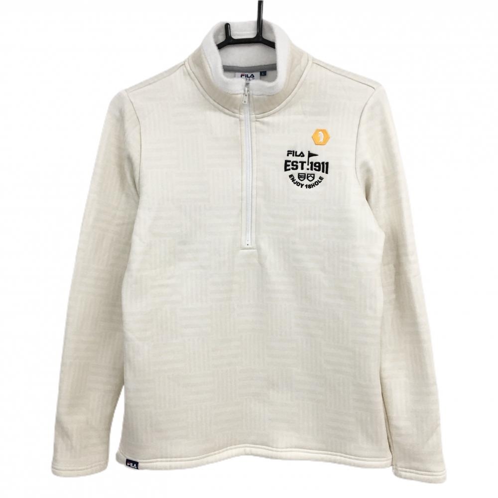 【超美品】フィラゴルフ 長袖ハイネックシャツ ベージュ 総柄 ハーフジップ 裏起毛 レディース L ゴルフウェア FILA GOLF