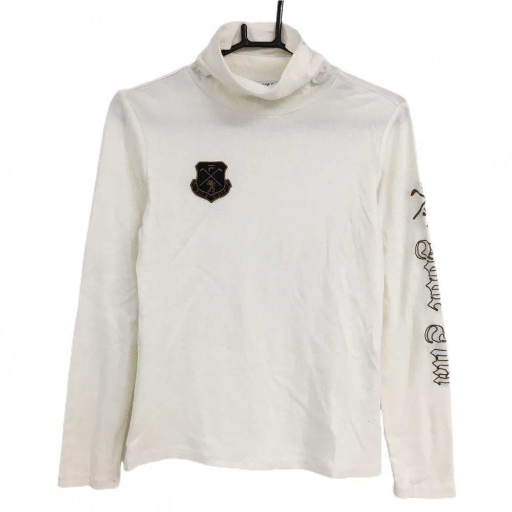 【美品】フィラゴルフ 長袖ハイネックシャツ 白×ブラウン 表微起毛 アクリル混 ワッペン レディース M ゴルフウェア FILA GOLF