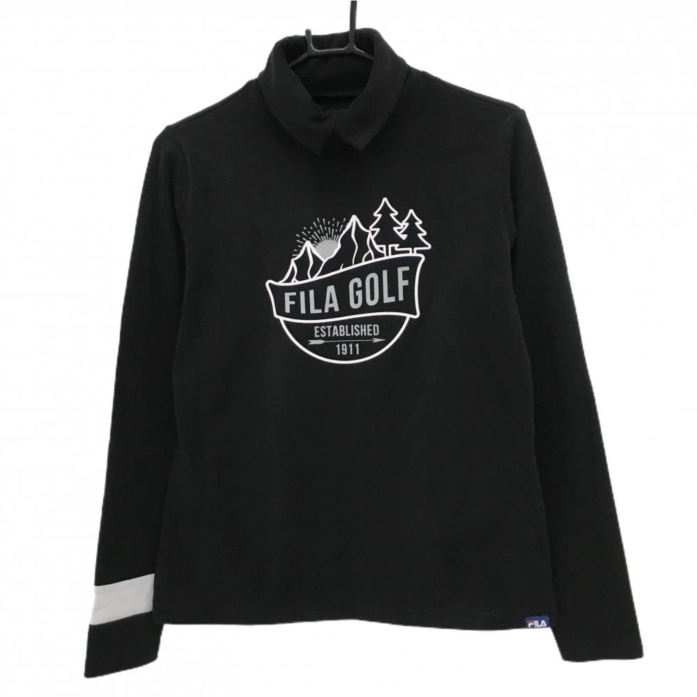 【美品】フィラゴルフ 長袖ハイネックシャツ 黒×グレー ロゴプリント 表微起毛 レディース L ゴルフウェア FILA GOLF