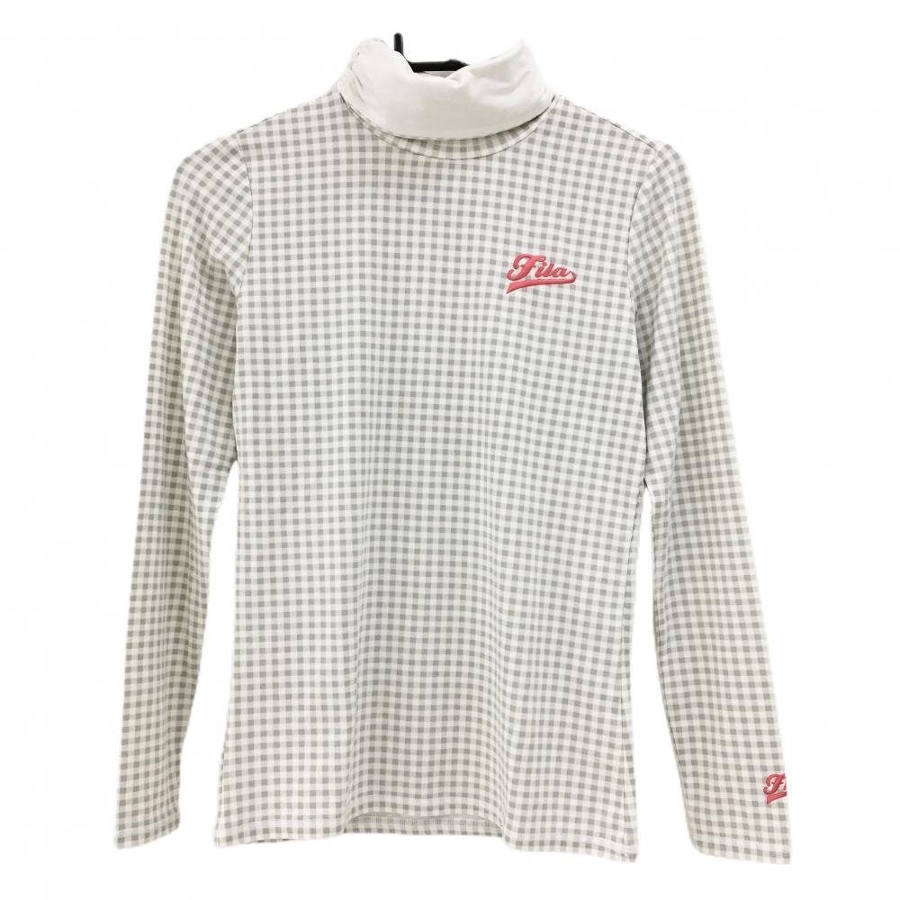 【美品】フィラゴルフ 長袖ハイネックシャツ 白×ライトグレー チェック ロゴ刺しゅう 裏微起毛  レディース M ゴルフウェア FILA GOLF