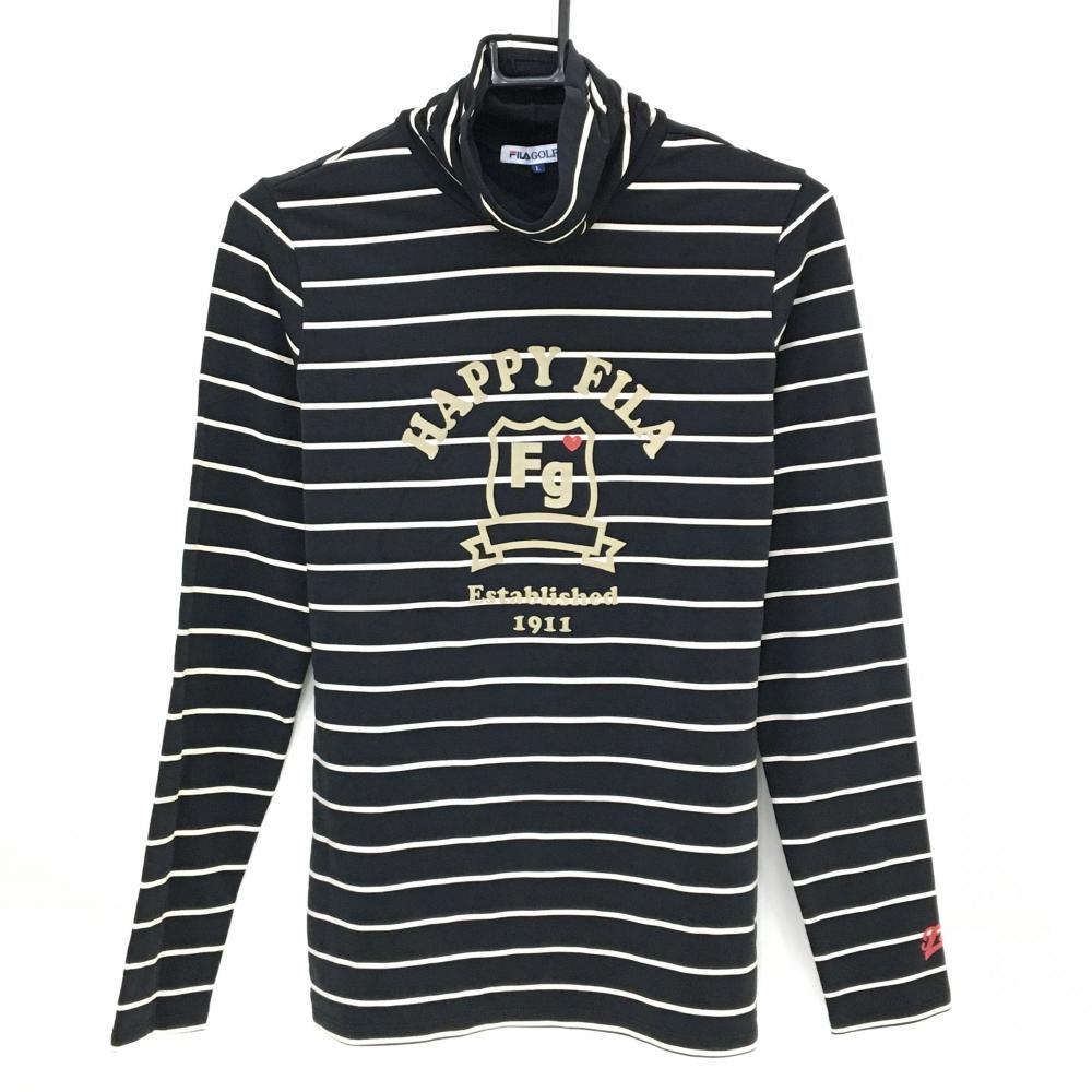 【美品】フィラゴルフ 長袖ハイネックシャツ 黒×白 ボーダー 裏起毛 フロッキープリント レディース L ゴルフウェア FILA GOLF