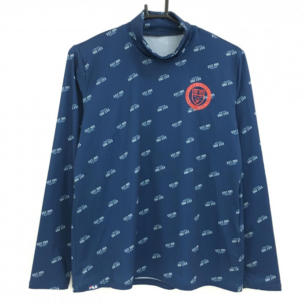 【美品】フィラゴルフ 長袖ハイネックシャツ ネイビー×白 総柄 ロゴプリント インナー レディース LL ゴルフウェア FILA GOLF