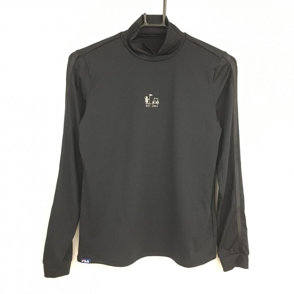 【超美品】フィラゴルフ 長袖ハイネックシャツ 黒 袖ライン ラメプリント レディース M ゴルフウェア FILA GOLF