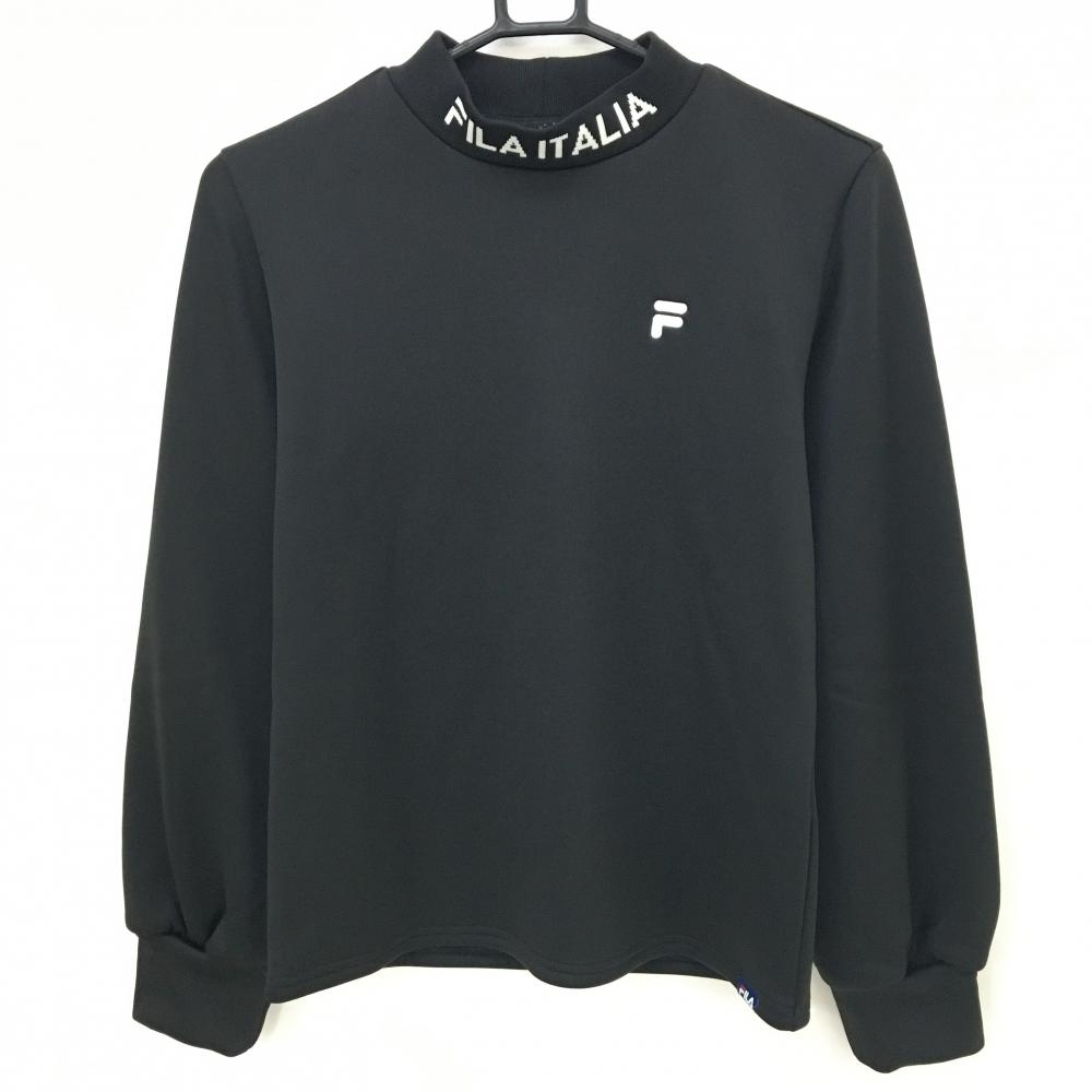 【超美品】フィラゴルフ 長袖ハイネックシャツ 黒 裏起毛 ネックロゴ ロゴ白 レディース M ゴルフウェア FILA GOLF