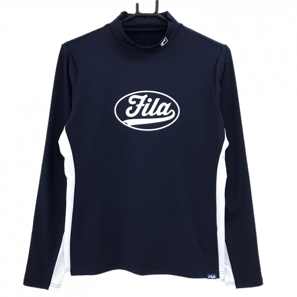 【超美品】フィラゴルフ 長袖ハイネックシャツ ネイビー×白 ロゴプリント 裏微起毛 レディース L ゴルフウェア FILA GOLF