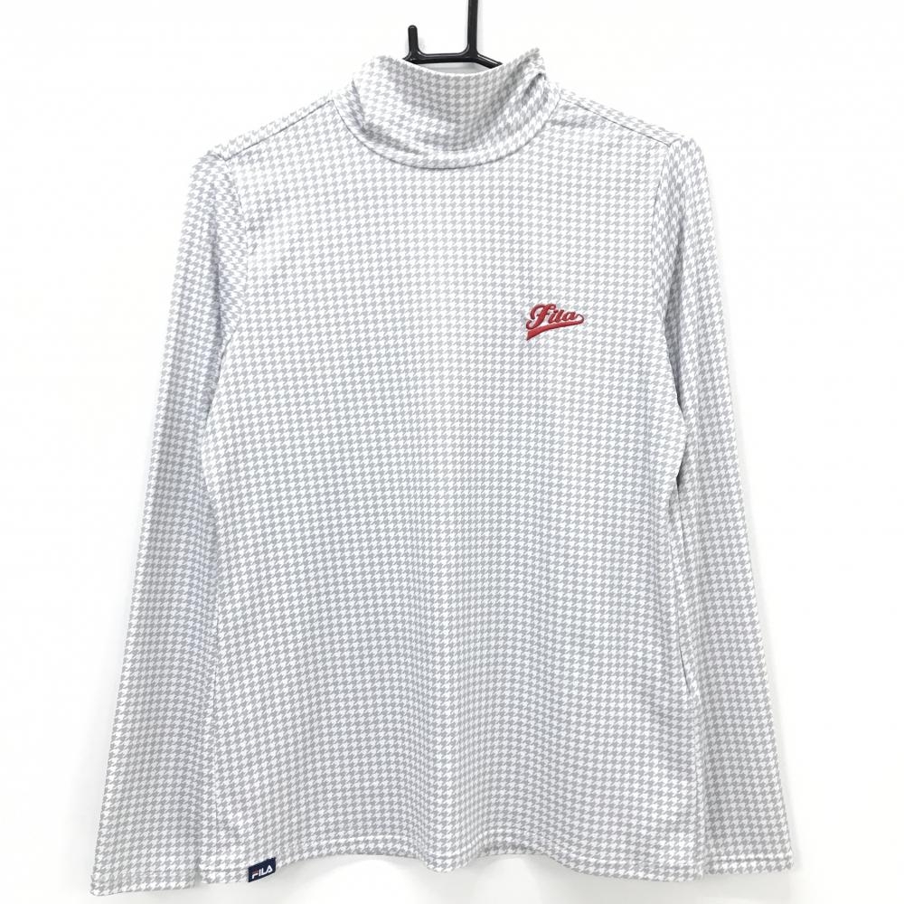 【超美品】フィラゴルフ 長袖ハイネックシャツ 白×グレー 千鳥格子 ロゴ刺しゅう レディース L ゴルフウェア FILA GOLF