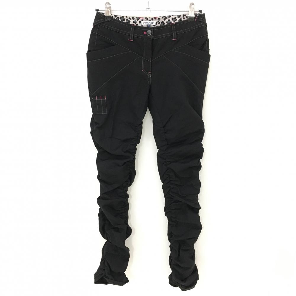 【美品】フィラゴルフ パンツ 黒×ピンク シャーリング ティー装着可 内側一部ヒョウ柄 レディース M ゴルフウェア FILA GOLF